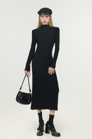 Half-High Collar Knitted Dress for Women, Over-the-Knee Long Sleeve Winter Layer, Trendy Spring Autumn Style 2025
