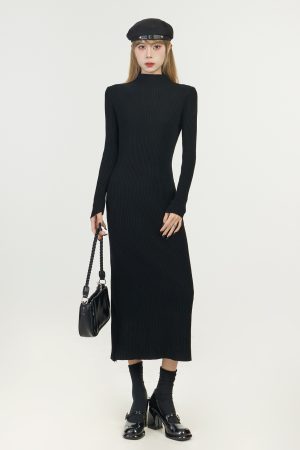 Half-High Collar Knitted Dress for Women, Over-the-Knee Long Sleeve Winter Layer, Trendy Spring Autumn Style 2025