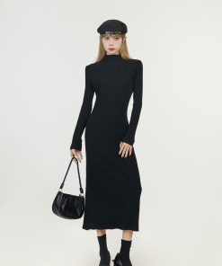 Half-High Collar Knitted Dress for Women, Over-the-Knee Long Sleeve Winter Layer, Trendy Spring Autumn Style 2025