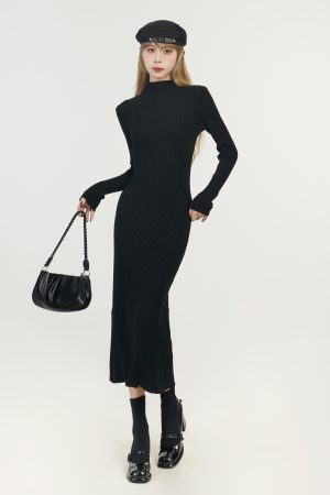 Half-High Collar Knitted Dress for Women, Over-the-Knee Long Sleeve Winter Layer, Trendy Spring Autumn Style 2025