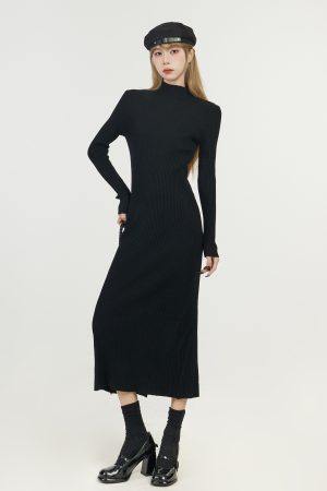 Half-High Collar Knitted Dress for Women, Over-the-Knee Long Sleeve Winter Layer, Trendy Spring Autumn Style 2025