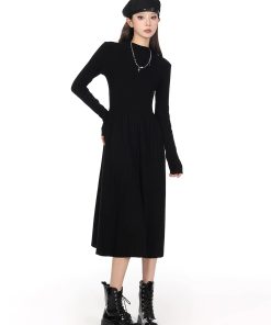Half-High Collar Long Sleeve Knitted Dress for Women - Autumn Winter A-Line, Waist-Cinching, Slimming, Mid-Length, Elegant Style