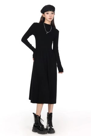 Half-High Collar Long Sleeve Knitted Dress for Women - Autumn Winter A-Line, Waist-Cinching, Slimming, Mid-Length, Elegant Style