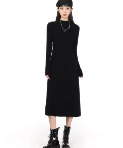Half-High Collar Long Sleeve Knitted Dress for Women - Autumn Winter A-Line, Waist-Cinching, Slimming, Mid-Length, Elegant Style
