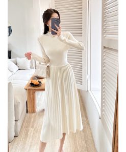 Half-High Collar Long Sleeve Knitted Dress for Women - Autumn Winter A-Line, Waist-Cinching, Slimming, Mid-Length, Elegant Style