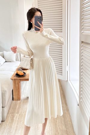 Half-High Collar Long Sleeve Knitted Dress for Women - Autumn Winter A-Line, Waist-Cinching, Slimming, Mid-Length, Elegant Style