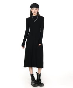 Half-High Collar Long Sleeve Knitted Dress for Women - Autumn Winter A-Line, Waist-Cinching, Slimming, Mid-Length, Elegant Style