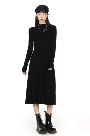 Half-High Collar Long Sleeve Knitted Dress for Women - Autumn Winter A-Line, Waist-Cinching, Slimming, Mid-Length, Elegant Style