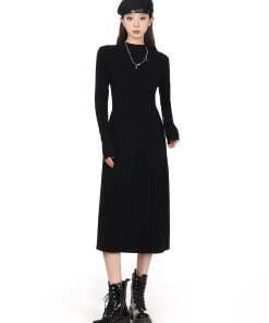 Half-High Collar Long Sleeve Knitted Dress for Women - Autumn Winter A-Line, Waist-Cinching, Slimming, Mid-Length, Elegant Style