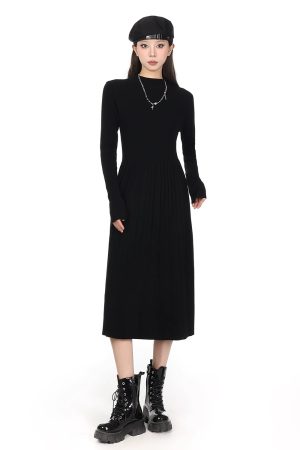 Half-High Collar Long Sleeve Knitted Dress for Women - Autumn Winter A-Line, Waist-Cinching, Slimming, Mid-Length, Elegant Style