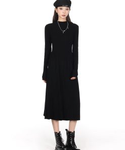 Half-High Collar Long Sleeve Knitted Dress for Women - Autumn Winter A-Line, Waist-Cinching, Slimming, Mid-Length, Elegant Style