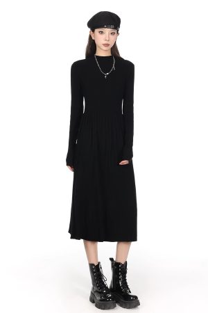 Half-High Collar Long Sleeve Knitted Dress for Women - Autumn Winter A-Line, Waist-Cinching, Slimming, Mid-Length, Elegant Style