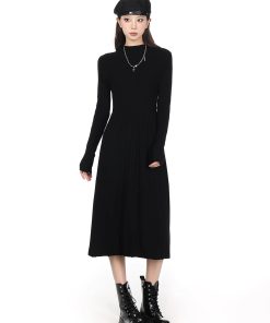 Half-High Collar Long Sleeve Knitted Dress for Women - Autumn Winter A-Line, Waist-Cinching, Slimming, Mid-Length, Elegant Style