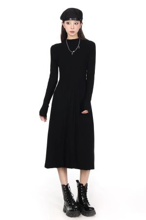 Half-High Collar Long Sleeve Knitted Dress for Women - Autumn Winter A-Line, Waist-Cinching, Slimming, Mid-Length, Elegant Style