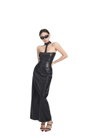 Halter Neck Elastic Leather Slim Fit Dress for Women - Sleeveless One-Shoulder Long Dress for Spring Summer Fashion