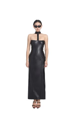 Halter Neck Elastic Leather Slim Fit Dress for Women - Sleeveless One-Shoulder Long Dress for Spring Summer Fashion