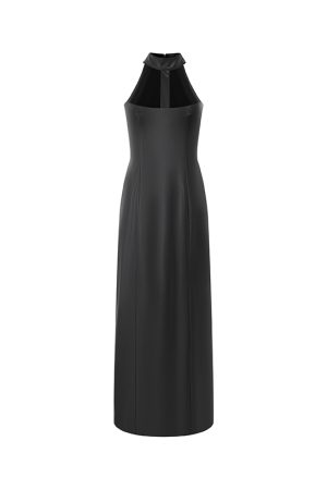 Halter Neck Elastic Leather Slim Fit Dress for Women - Sleeveless One-Shoulder Long Dress for Spring Summer Fashion