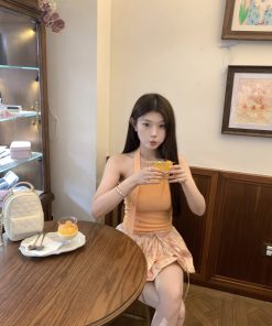 Halter Neck Knitted Vest with Ribbon Button Design - Solid Color Minimalist Top in Korean Style for Women