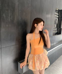 Halter Neck Knitted Vest with Ribbon Button Design - Solid Color Minimalist Top in Korean Style for Women