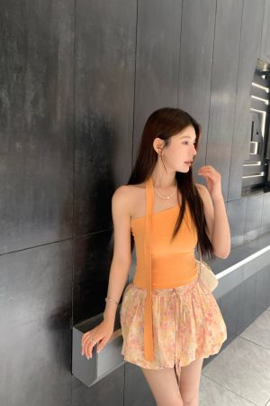 Halter Neck Knitted Vest with Ribbon Button Design - Solid Color Minimalist Top in Korean Style for Women