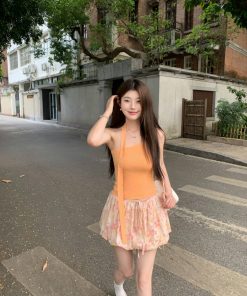 Halter Neck Knitted Vest with Ribbon Button Design - Solid Color Minimalist Top in Korean Style for Women