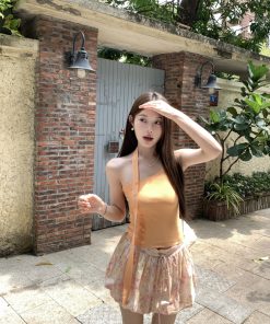 Halter Neck Knitted Vest with Ribbon Button Design - Solid Color Minimalist Top in Korean Style for Women