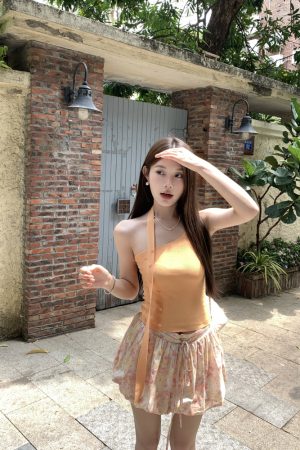Halter Neck Knitted Vest with Ribbon Button Design - Solid Color Minimalist Top in Korean Style for Women