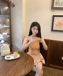 Halter Neck Knitted Vest with Ribbon Button Design - Solid Color Minimalist Top in Korean Style for Women