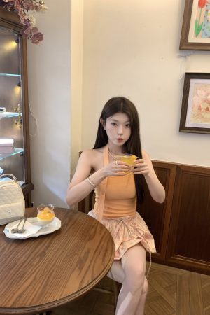 Halter Neck Knitted Vest with Ribbon Button Design - Solid Color Minimalist Top in Korean Style for Women