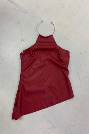 Halter Neck Sleeveless Leather Vest with Metal Collar - Solid Color Fashion Top for Women - Trendy and Chic Personality Style