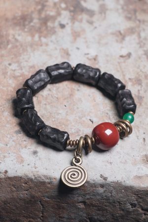 Hand-Carved Textured Black Sandalwood Bracelet for Couples - Unique Ethnic Style Artistic Wrist Accessories