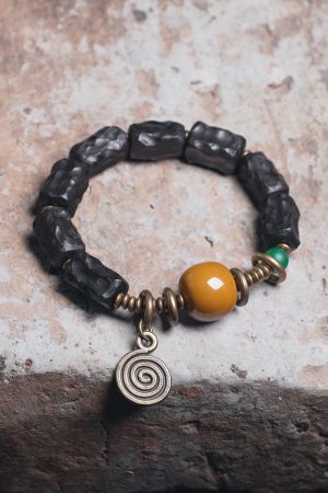 Hand-Carved Textured Black Sandalwood Bracelet for Couples - Unique Ethnic Style Artistic Wrist Accessories