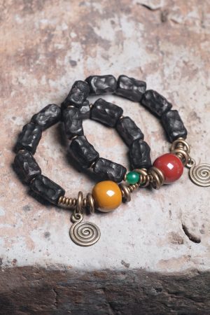 Hand-Carved Textured Black Sandalwood Bracelet for Couples - Unique Ethnic Style Artistic Wrist Accessories