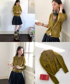 Hand-Drawn Graffiti Embroidery Round Neck Slightly Loose 100% Wool Knitted Cardigan - Y2K Inspired Australian Style