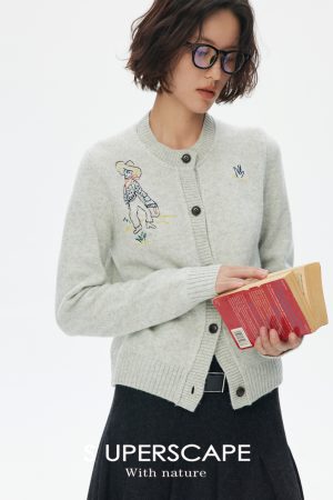 Hand-Drawn Graffiti Embroidery Round Neck Slightly Loose 100% Wool Knitted Cardigan - Y2K Inspired Australian Style