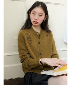 Hand-Drawn Graffiti Embroidery Round Neck Slightly Loose 100% Wool Knitted Cardigan - Y2K Inspired Australian Style