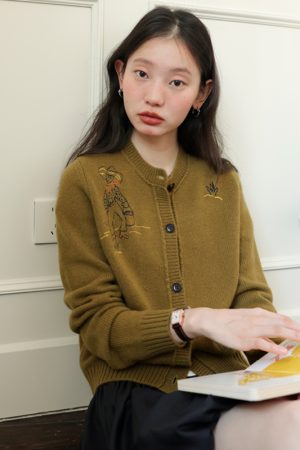Hand-Drawn Graffiti Embroidery Round Neck Slightly Loose 100% Wool Knitted Cardigan - Y2K Inspired Australian Style