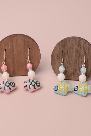 Hand-Painted Blue and Pink Glass Fish Earrings - Chinese Style, Sweet & Delicate, Hypoallergenic Silver for Women