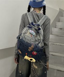 Hand-Painted Denim Backpack for Kids - Unique Y2K Graffiti Design, Fun Commuter Bag, Washable, Stylish Children's Accessory
