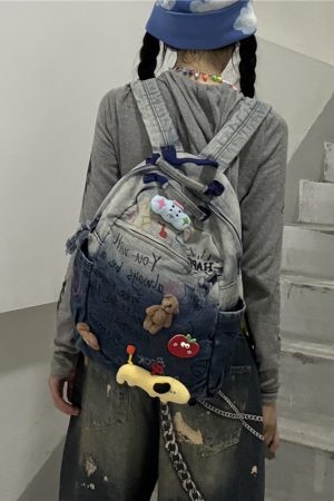 Hand-Painted Denim Backpack for Kids - Unique Y2K Graffiti Design, Fun Commuter Bag, Washable, Stylish Children's Accessory
