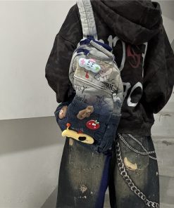 Hand-Painted Denim Backpack for Kids - Unique Y2K Graffiti Design, Fun Commuter Bag, Washable, Stylish Children's Accessory