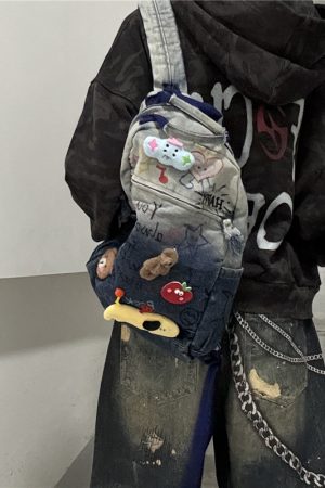Hand-Painted Denim Backpack for Kids - Unique Y2K Graffiti Design, Fun Commuter Bag, Washable, Stylish Children's Accessory