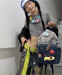 Hand-Painted Denim Backpack for Kids - Unique Y2K Graffiti Design, Fun Commuter Bag, Washable, Stylish Children's Accessory