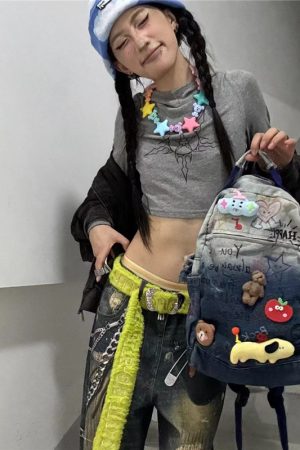 Hand-Painted Denim Backpack for Kids - Unique Y2K Graffiti Design, Fun Commuter Bag, Washable, Stylish Children's Accessory