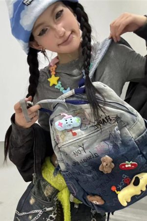 Hand-Painted Denim Backpack for Kids - Unique Y2K Graffiti Design, Fun Commuter Bag, Washable, Stylish Children's Accessory