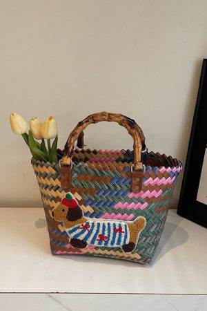 Handheld Bamboo Joint Bag for Women - 2025 Color-Blocking Beach Bag, Woven Handheld Shopping Basket, Travel Essential
