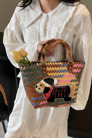 Handheld Bamboo Joint Bag for Women - 2025 Color-Blocking Beach Bag, Woven Handheld Shopping Basket, Travel Essential