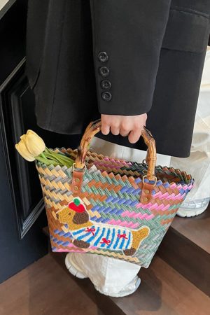Handheld Bamboo Joint Bag for Women - 2025 Color-Blocking Beach Bag, Woven Handheld Shopping Basket, Travel Essential