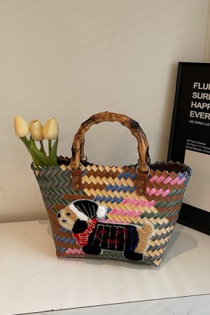 Handheld Bamboo Joint Bag for Women - 2025 Color-Blocking Beach Bag, Woven Handheld Shopping Basket, Travel Essential
