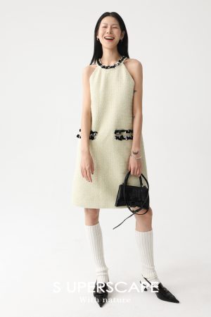 Handmade 3D Sequin Lace Woven Little Chanel Neck Dress - Elegant Y2K Style Party Dress